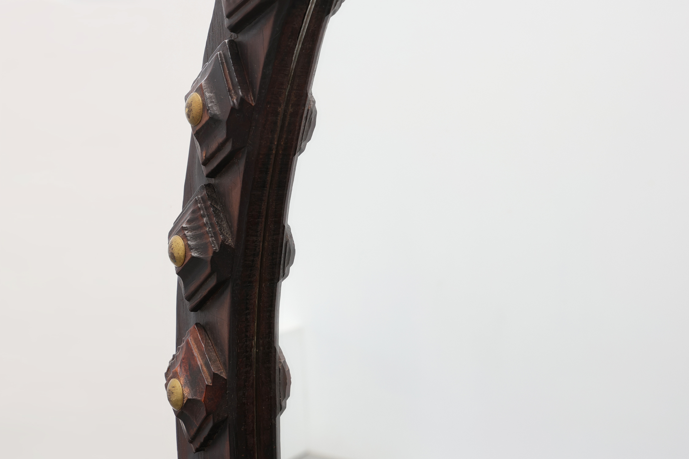 Spanish Brutalist Oval Mirror in Hand-Carved Wood with Brass Studs, 20th Centurythumbnail
